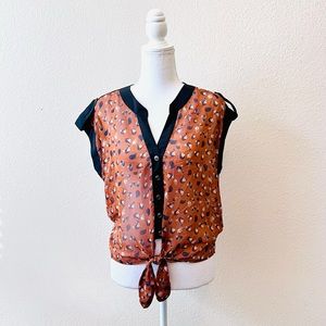 Brown & Black Chiffon Bird Print Button Up Self-Tie Short Sleeve Blouse